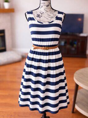 Nine West Blue and White Stripped Dress with Tan Belt